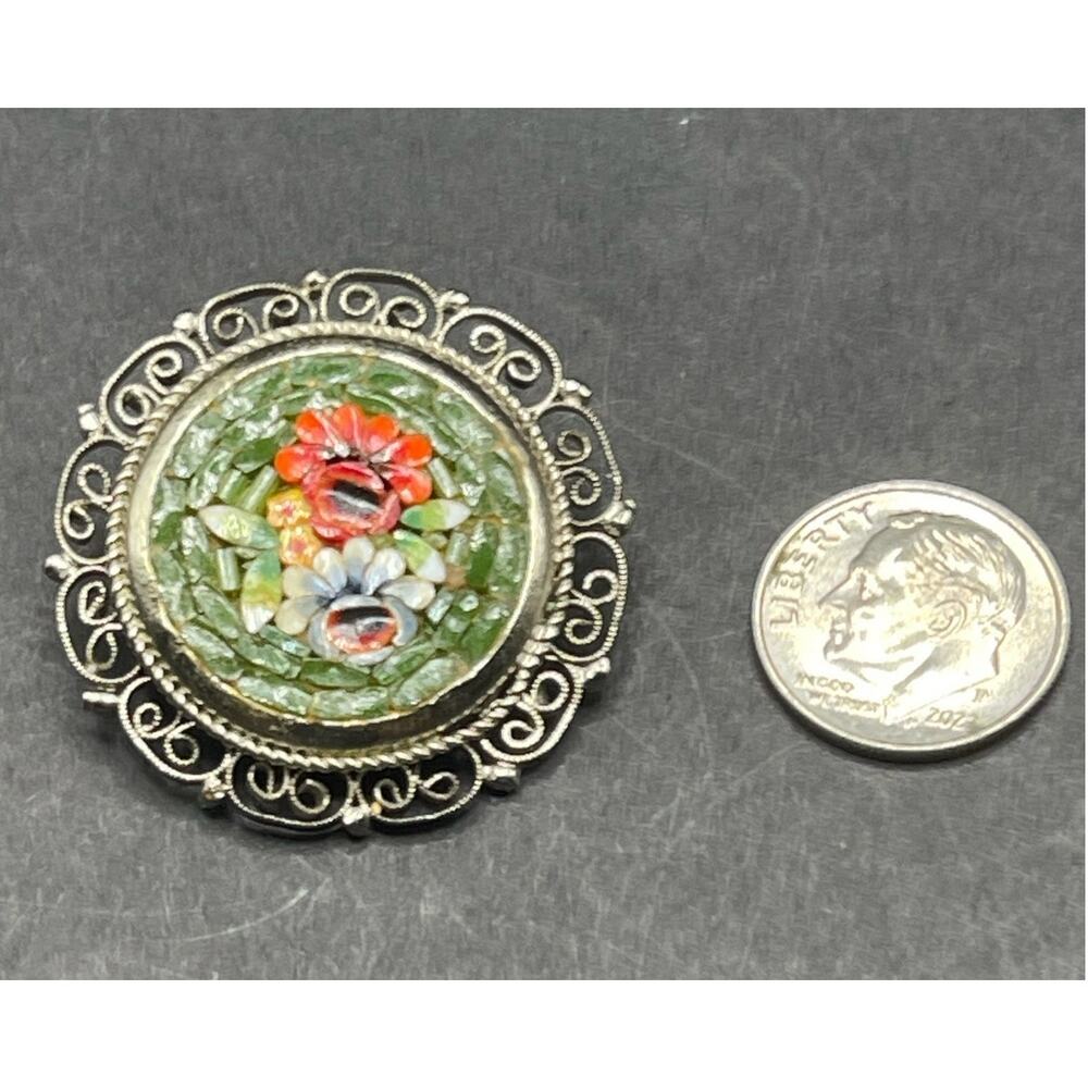 Green Red Floral Italian Brooch Mosaic Tile Silver Filigree Border Unsigned Pin - Picture 4 of 5